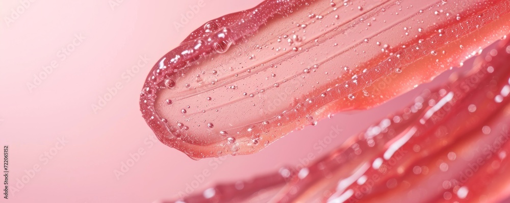 Wide banner depicting a swipe of pink lip gloss with water droplets on a pink gradient background with copy space for make up industry and beauty salons  - obrazy, fototapety, plakaty 