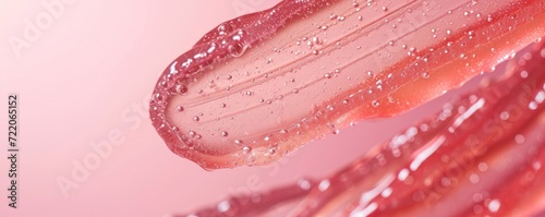 Wide banner depicting a swipe of pink lip gloss with water droplets on a pink gradient background with copy space for make up industry and beauty salons  photo