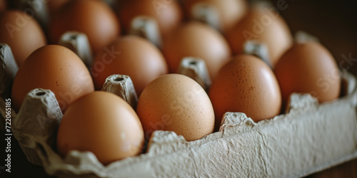 Banner with a close up of cardboard egg carton filled with brown eggs, focused on the top right corner with a blurred background. photo