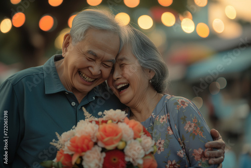Elderly Asian couple on a romantic date on the street