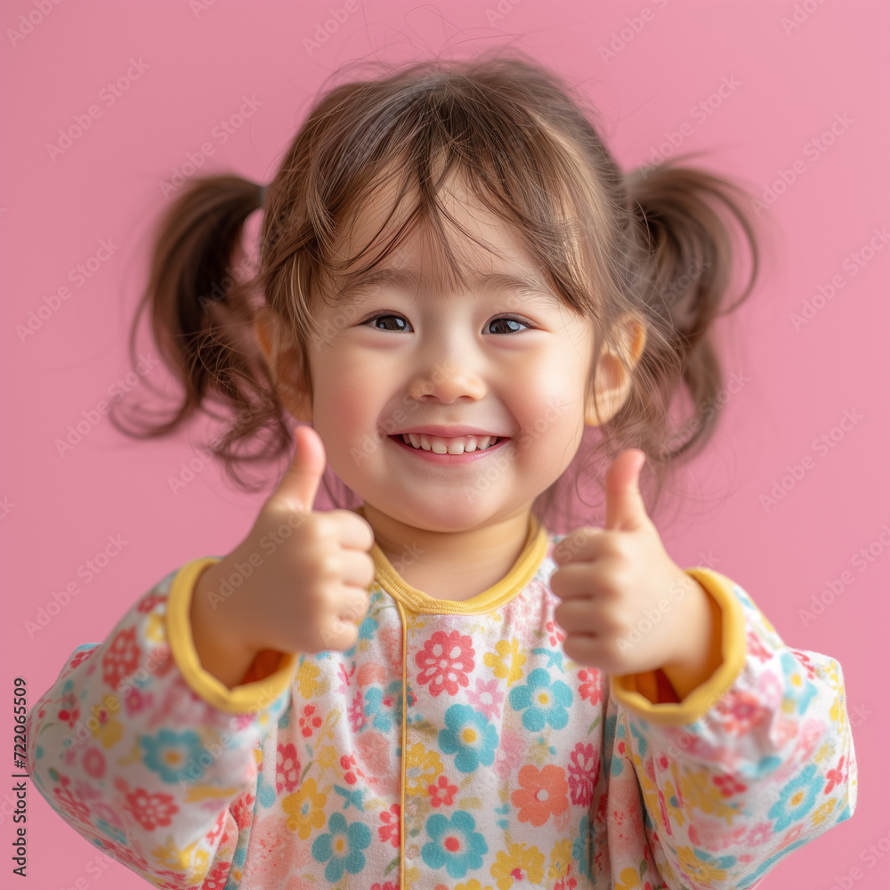Fisheye view of a japanese kid girl jumping and thumbs pink background. Fisheye view of a japanese kid girl jumping and thumbs pink background.