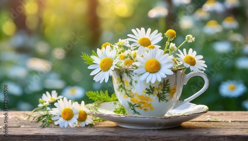 a scene of springtime tranquility, featuring a teacup brimming with yellow and white chamomile flowers on a wooden table in a garden. Emphasize the natural elegance and serenity of the composition, hi