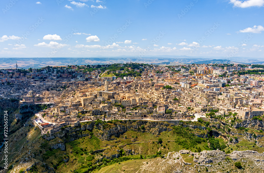 Matera, Italy. City in the Italian region of Basilicata, the administrative center of the province of Matera. The old part of the city is carved out of the rock and is a UNESCO. Aerial view