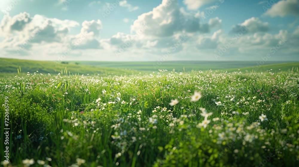 A peaceful wildflower meadow, with a diverse array of flowers, stretches towards the horizon under a sky dotted with fluffy clouds.