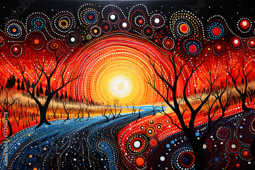 Australian Aboriginal dot painting style art dreaming of a waterhole and trees landscape.. photo