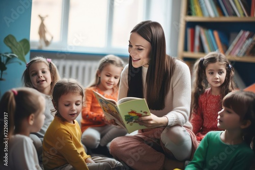 Teacher reading story book to children in kindergarten photo