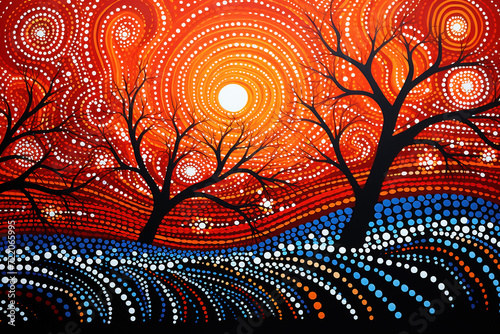 Australian Aboriginal dot painting style art dreaming of a waterhole and trees landscape..