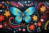 Australian Aboriginal dot painting style art dreaming with butterflies and flowers.