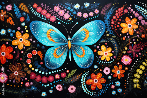 Australian Aboriginal dot painting style art dreaming with butterflies and flowers. photo