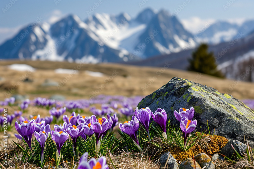 Obraz premium purple crocuses on background of mountain spring landscape,delicate spring flowers,messengers of spring,delight eye with bright colors,concept of spring renewal,beginning something new,spring design