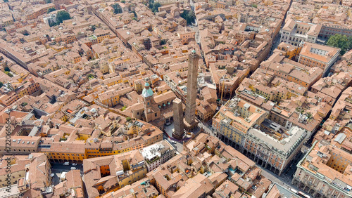 Bologna, Italy. Old Town. Two Towers. (Le due Torri) Garisenda and degli Asinelli. Towers from the 12th century. Summer, Aerial View