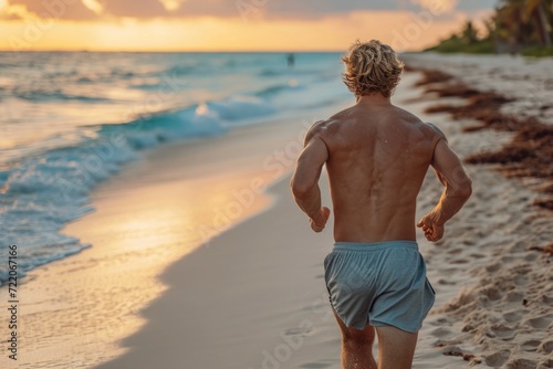 A muscular man jogging on a beach during sunrise, view from behind