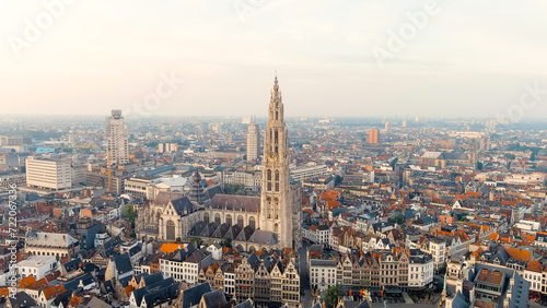 Antwerp, Belgium. Panorama overlooking the Cathedral of Our Lady (Antwerp). Historical center of Antwerp. City is located on the river Scheldt (Escaut). Summer morning, Aerial View © nikitamaykov