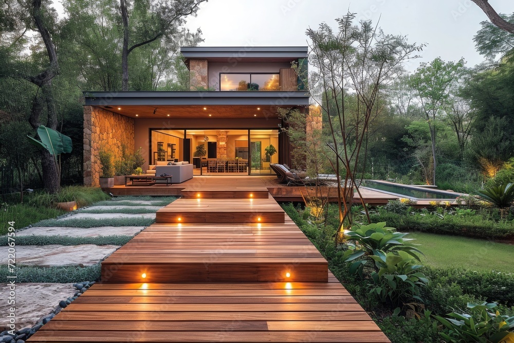 Wooden decking boards, rich brown color with visible wood grain. Garden with greenery. Wooden decking boards, rich brown color with visible wood grain. Garden with greenery.
