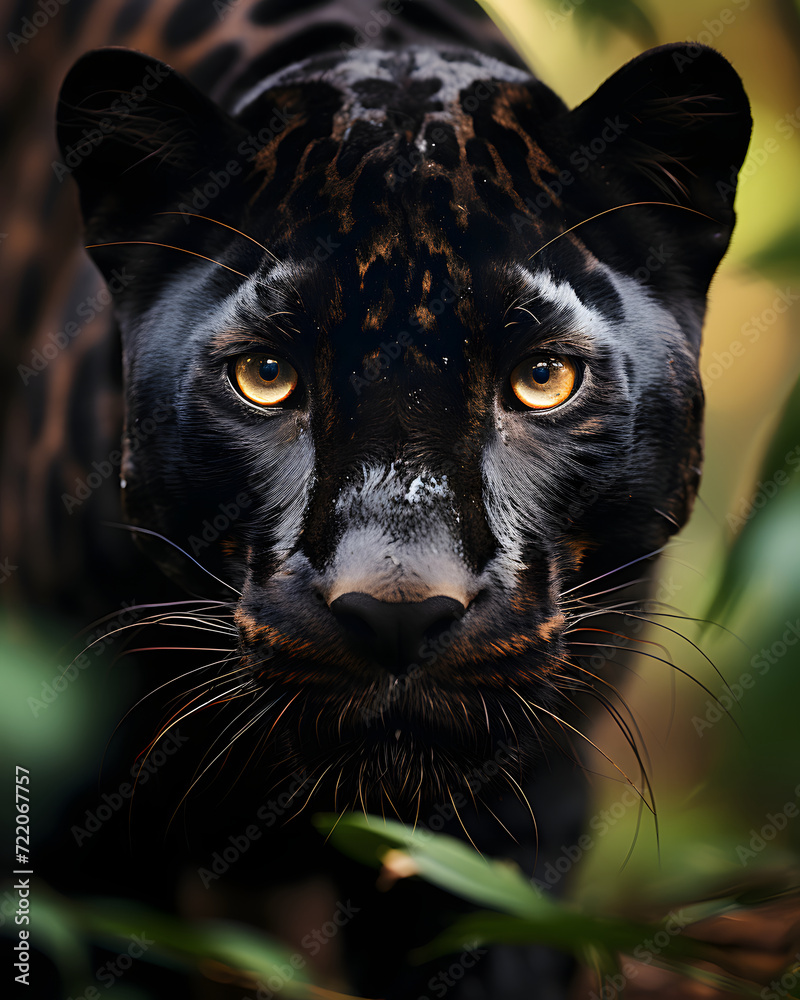 Black Panther Stalks Prey in the Forest. Wildlife Photography