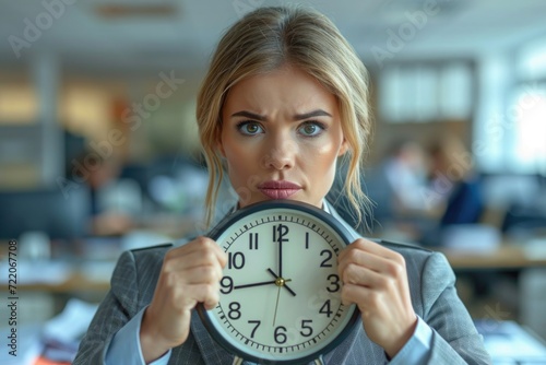 A woman in a business suit tightly gripping her watch, illustrating stress.