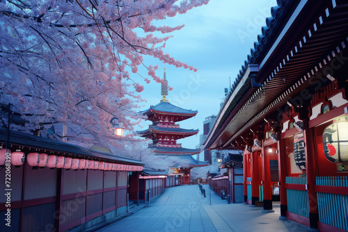 Cherry blossoms and Temple in Asakusa Tokyo, Japan