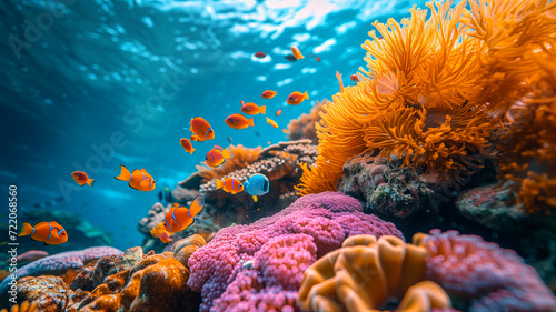 Natural coral reef vivid background, underwater view with fish