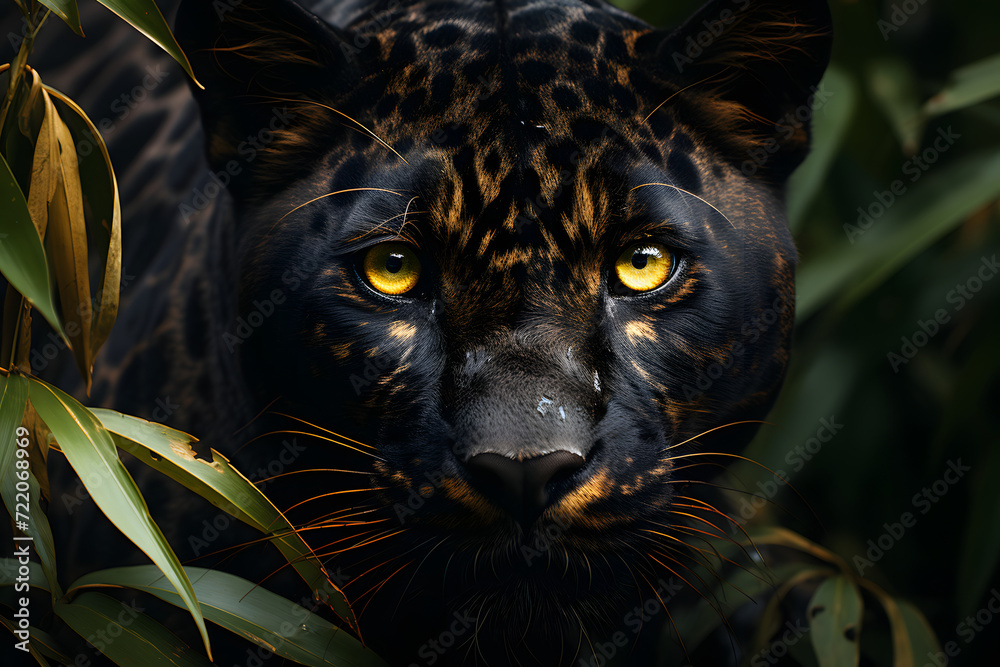 Closeup of Black Jaguar Stalking Prey While Hiding in Forest Bushes