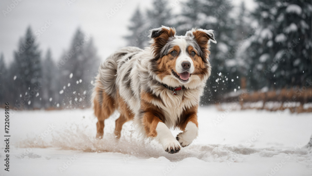 Big fluffy dog plays in a winter park with snow Big fluffy dog plays in a winter park with snow