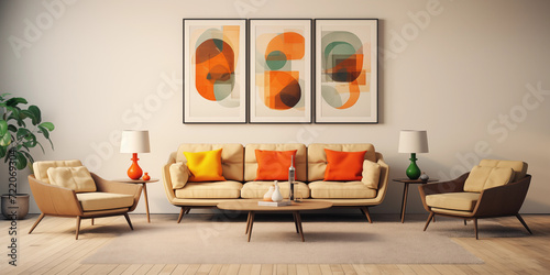 beige sofa set with colorful multicolored pillows against wall with art poster frames. Pop art, scandinavian home interior design of modern living room interior design, interior design © Ammar Anwar 