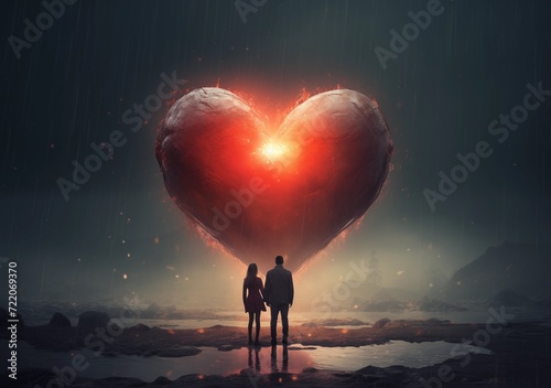 A couple of people that are standing in front of a heart