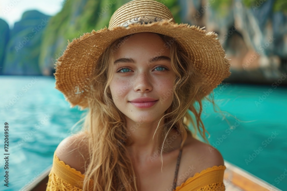 A woman wearing a straw hat on a boat near an island resort in Thailand.