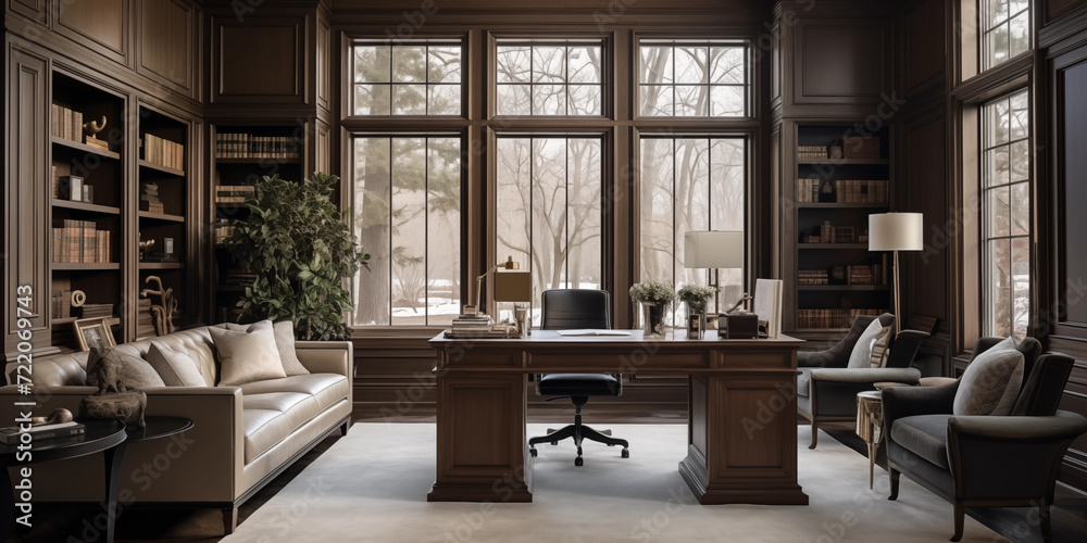 Obraz premium a Transitional-style home office with a reclaimed wood desk and lamp on it, a Wooden bookshelf, and an exposed Natural lighting, Transitional interior design