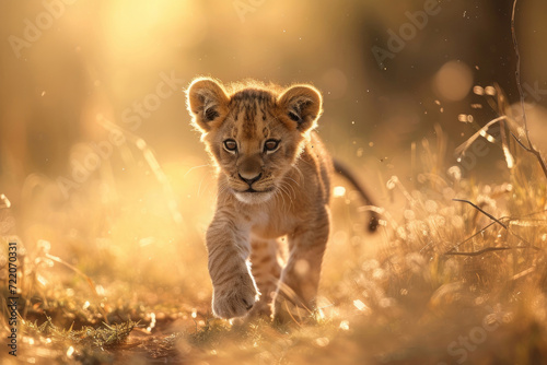 The adorable lion cub, bathed in soft light