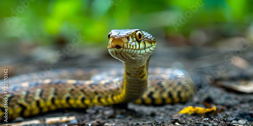 snake bite:Snakebite envenoming is a potentially life-threatening disease caused by toxins in the bite of a venomous snake, fangs, gloomy, head, scale, grim, big eyes  in golden black with green backg photo