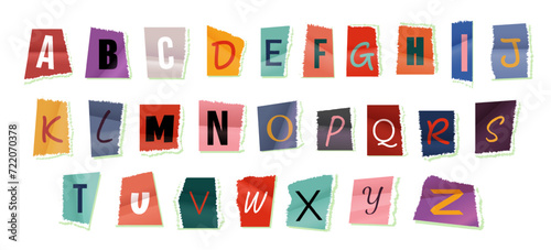 Sliced letters various funny style font for flyer or anonymous notes. Paper style ransom note letter. Cut Letters. Clipping alphabet. Alphabet. Lettering. Collage of letters of the English alphabet