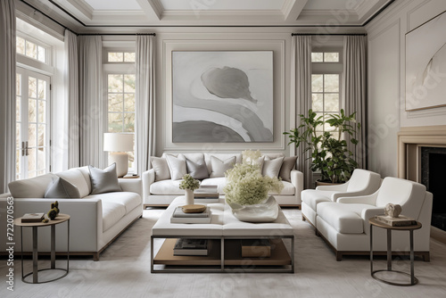 minimalist cozy Transitional style sofa set, tropical plant, pillows, blanket and lamp, Interior design photo frame mock-up living room, Transitional interior design  © Ammar Anwar 