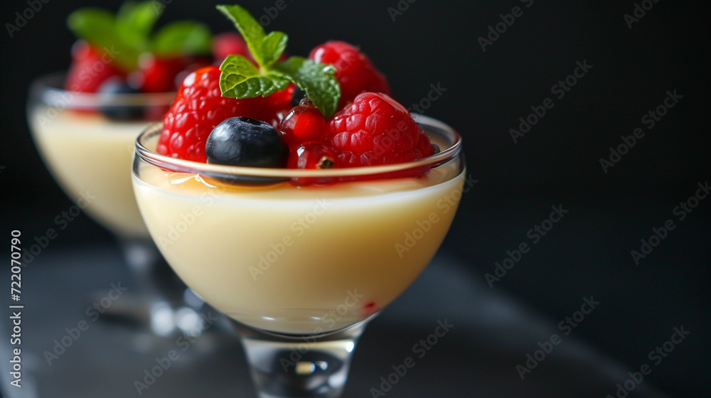 Panna Cotta: A creamy Italian dessert made from sweetened cream with gelatin and often flavored with vanilla and fresh fruit or caramel. Culinary art. Panna Cotta: A creamy Italian dessert made from sweetened cream with gelatin and often flavored with vanilla and fresh fruit or caramel. Culinary art.