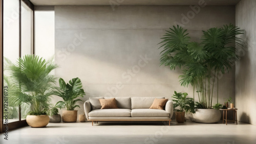 Interior living room wall mockup with leather sofa and plant decor on wooden wall background