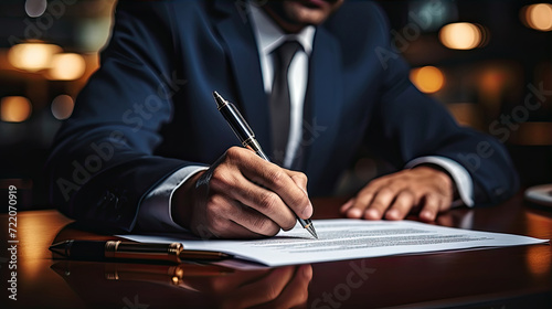 Elegant Executive Signing a Crucial Contract at Duskю In the warm glow of evening, a sharply dressed executive finalizes a significant agreement, the pen poised in a moment of decisive commitment. photo