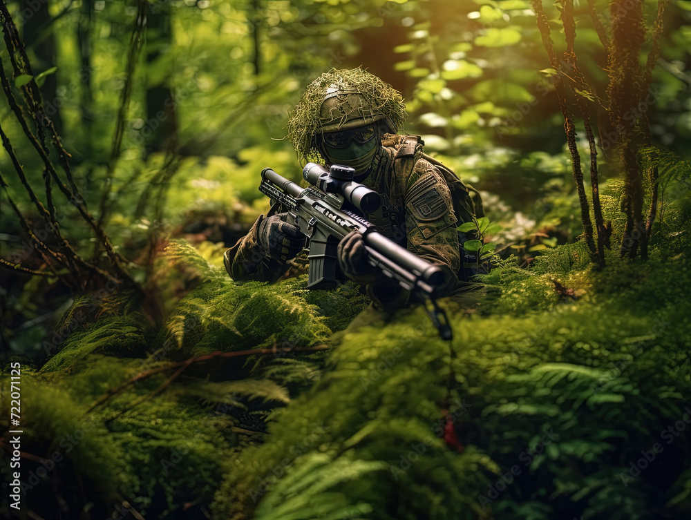 Sentinel of the Forest: A Camouflaged Soldier Silently Wields Their Rifle Amidst the Woodland Blanket