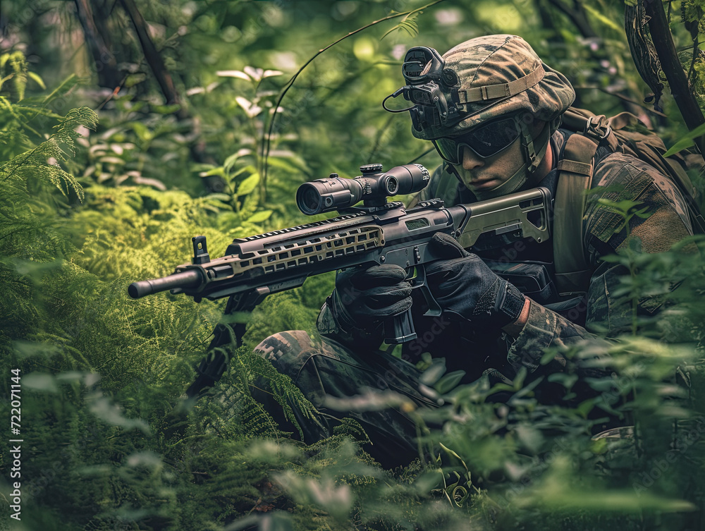 Lone Hunter: A Camouflaged Figure Stands Watch Amidst the Sunlit Wilderness