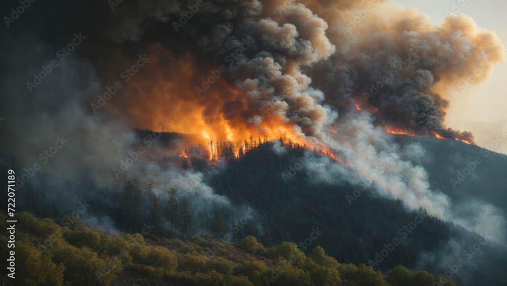 Fototapeta premium Forest fire: fire with smoke from the height of a bird flight. Natural disasters and climate change concept.