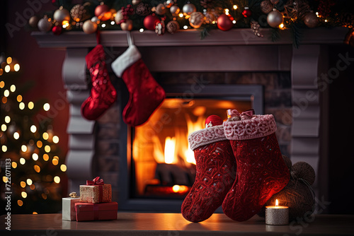 Festive Hearth: Cozy Fireplace Adorned With Christmas Stockings and Presents, a Scene of Warmth and Holiday Cheer.