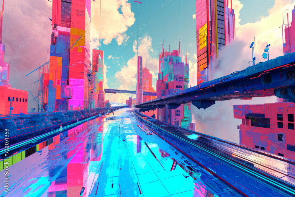 The futuristic city is depicted in an image of a colorful street.