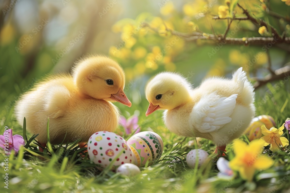 Yellow duckling and white chick sitting on green grass among painted festive eggs and spring flowers. Happy Easter holiday concept