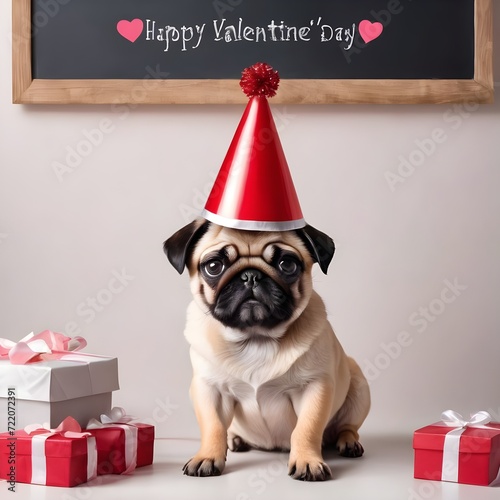 Grumpy cute pug puppy dog wearing party hat with hearts, sitting next to blackboard sign with text happy valentine`s day, on white background photo