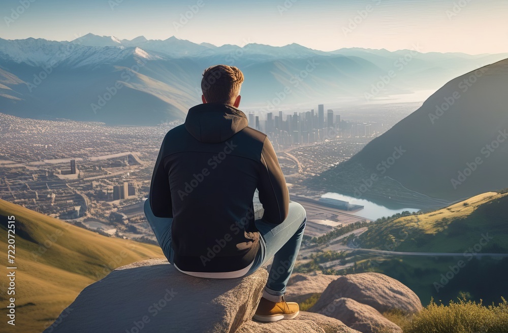 man sitting on the rock over the city with mountains on background. Male resting and enjoying the view on the cityscape and landscape