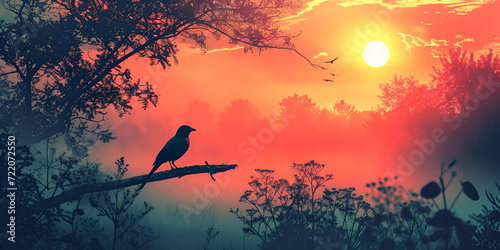 sunset in forest an alone sparrow
sitting on a branch, tree ,orange green , calm wallpaper 