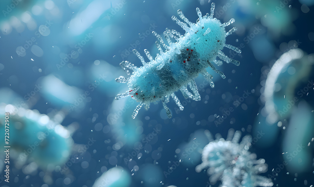 Abstract 3d banner of floating virus cells, bacteria, microbes on blurred blue background with copy space. Close up render of covid, flu, infection disease. Сoncept for hospitals, clinics, medicine.