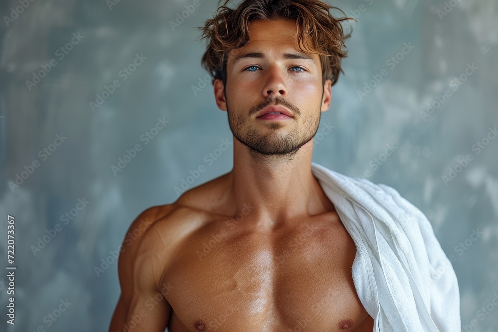 A shirtless man with a towel around his neck stands against a wall, his strong muscles and bearded face displaying a mix of confidence and vulnerability