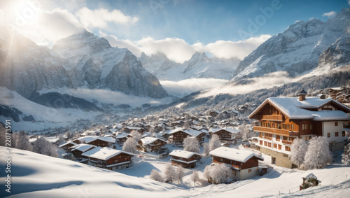 Beautiful view of a snow covered wooden lodge glowing in rocky mountains and pine forest. Beautiful winter landscape. © Elena