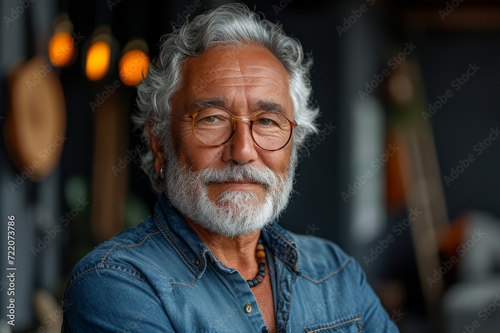 A wise and distinguished senior citizen with a kind smile, wearing glasses and a crisp shirt, his white hair and beard adorned with wrinkles and a well-groomed moustache, exuding intelligence and gra A wise and distinguished senior citizen with a kind smile, wearing glasses and a crisp shirt, his white hair and beard adorned with wrinkles and a well-groomed moustache, exuding intelligence and gra