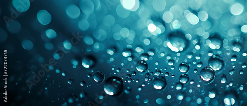 Glistening water droplets on a surface  dancing with bokeh lights in a tranquil  deep blue dreamscape