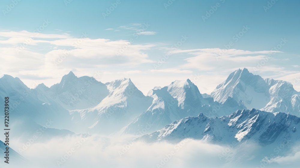 Panoramic view of a mountain range with peaks in monochrome. Foggy and overcast. Illustration for cover, card, postcard, interior design, banner, poster, brochure or presentation.